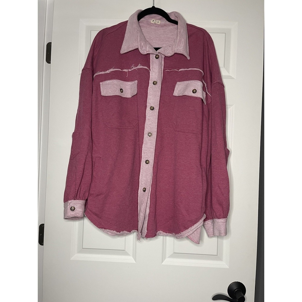 Pol Wash Out French Terry  Button Up Shirt Jacket Shacket Medium Pink Raw Hem